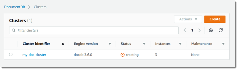 screenshot of Amazon DocumentDB